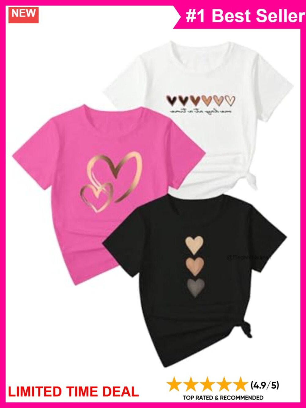 3 Pack Heart Graphic Tees Short Sleeve Crew Neck Summer Tops